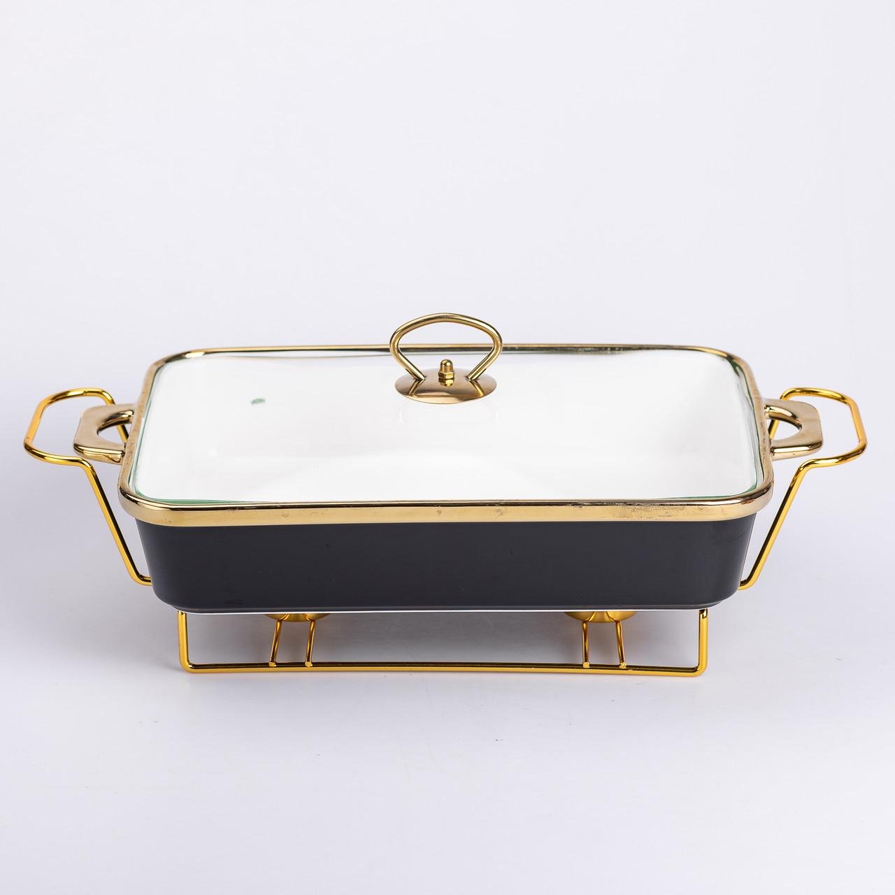 Мармітниця керамічна прямокутна з підставкою та скляною кришкою 2 л Чорний (HTJ-1003)