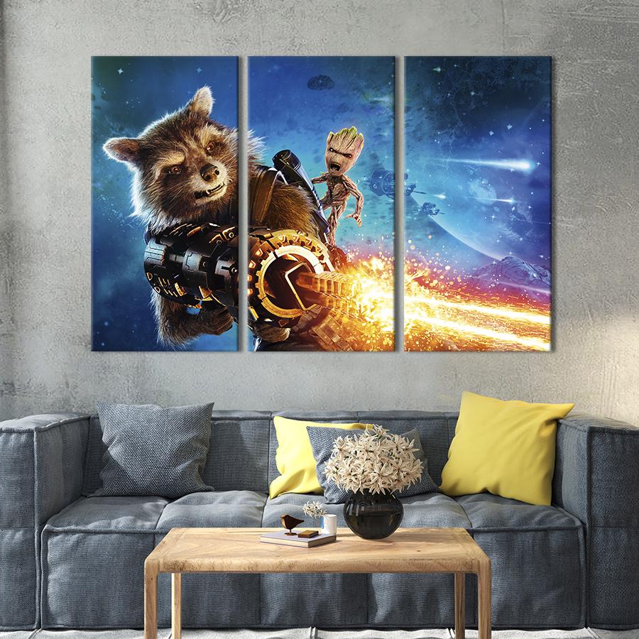 Картина на холсте триптих Енот Ракета и Грут 156x100 см (1505-31)