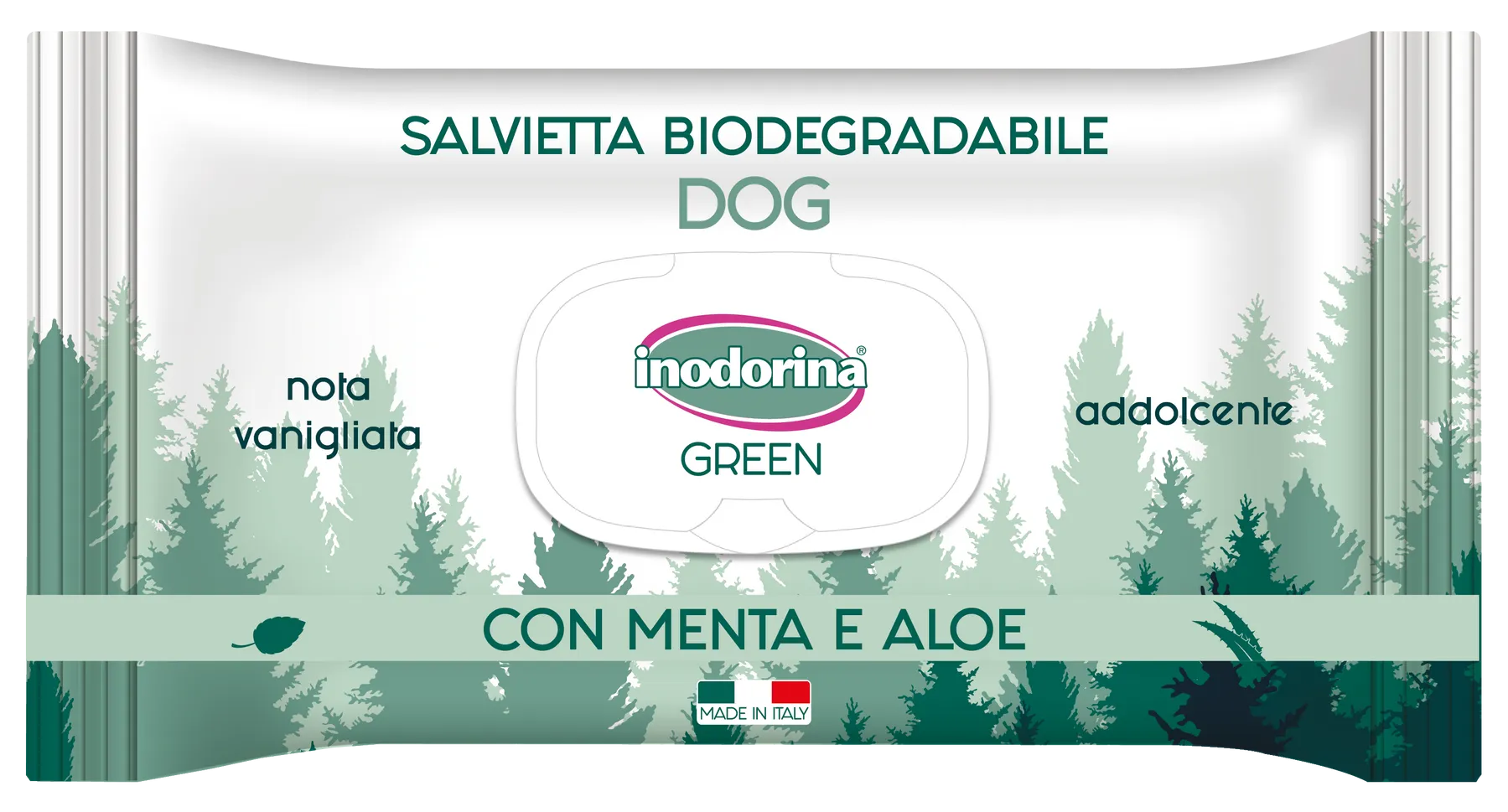 Влажные салфетки биоразлагаемые Inodorina Green Menta e Aloe с мятой и алоэ для всех типов шерсти собак 30 шт.