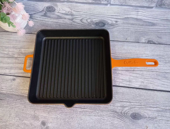 Сковорода гриль чугунная OMS для индукции с антипригарным покрытием 25x25 см Оранжевый (3265-25orange) - фото 2