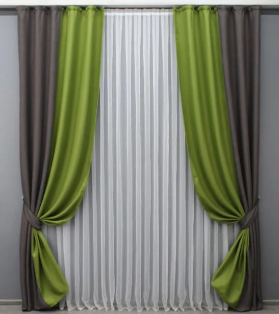 Комплект штор лен/блекаут 1,4х2,7 м 2 шт. Серо-коричневый/Салатовый (014дк/320-1160ш)