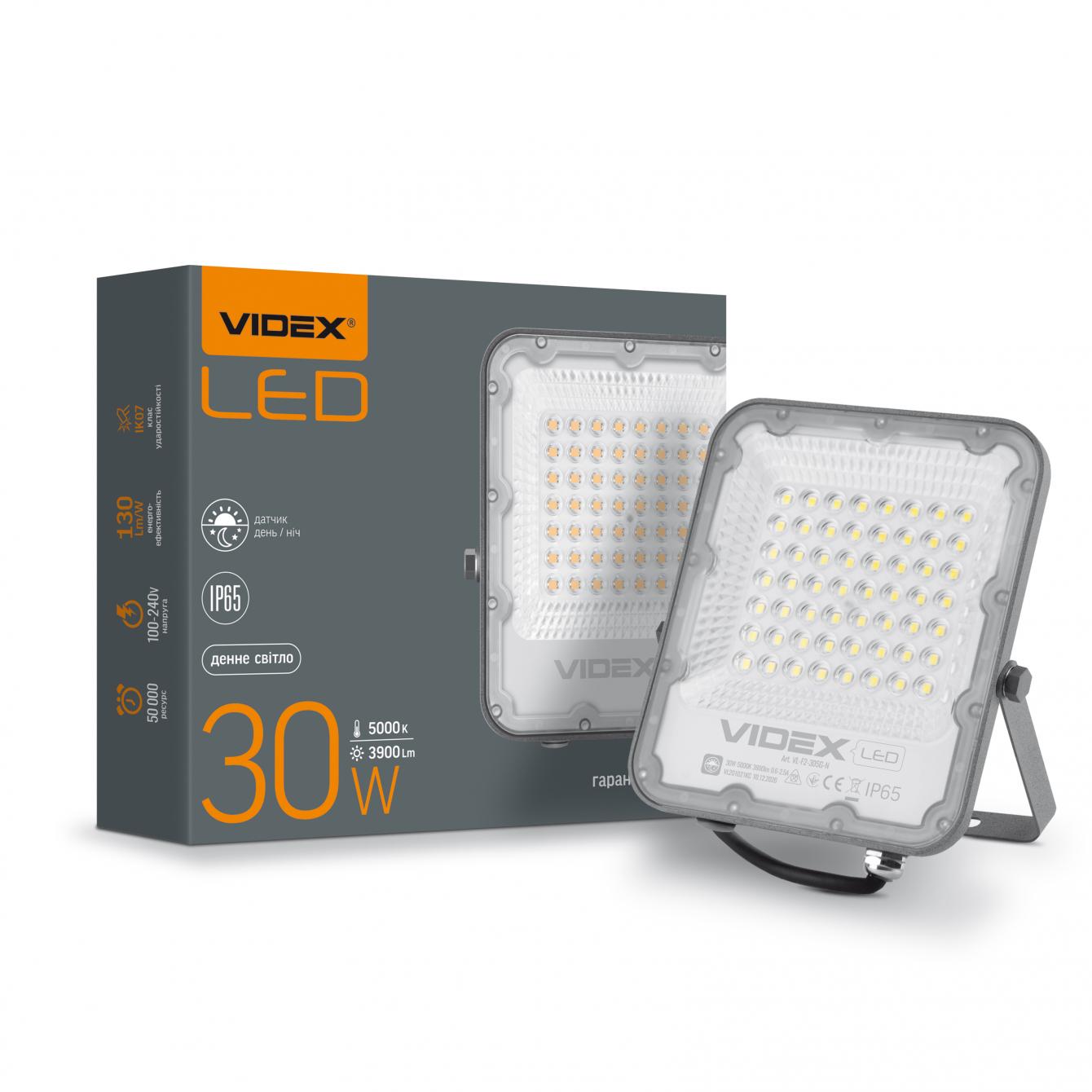 Прожектор LED VIDEX F2e 30W 5000K 3900Lm IP65 SMD VL-F2-305G-N День-ніч