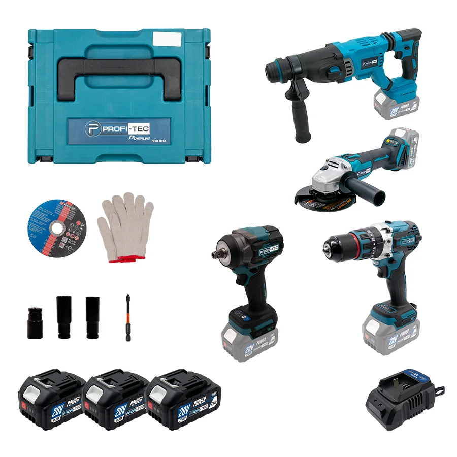 Набір електроінструментів акумуляторний PROFI-TEC Combo Set 4/5 PBH201/DHP485/DGA20/PTW502 3хPT2040MP 4 Aг/ЗП BC20V (007044)