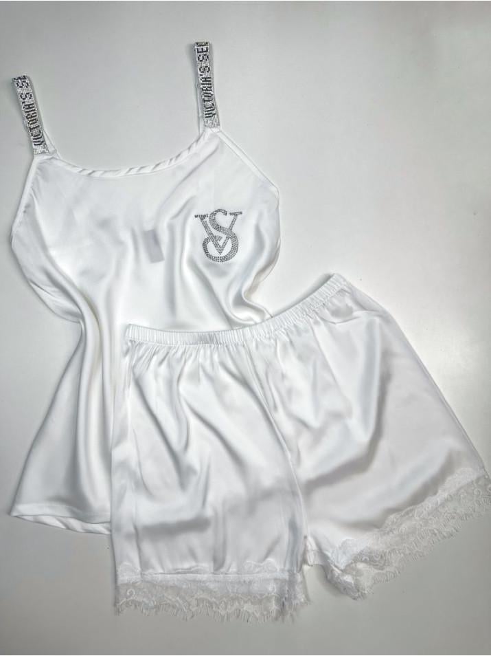 Пижама шелковая Victoria's Secret с майкой и стразами M Белый (2030)