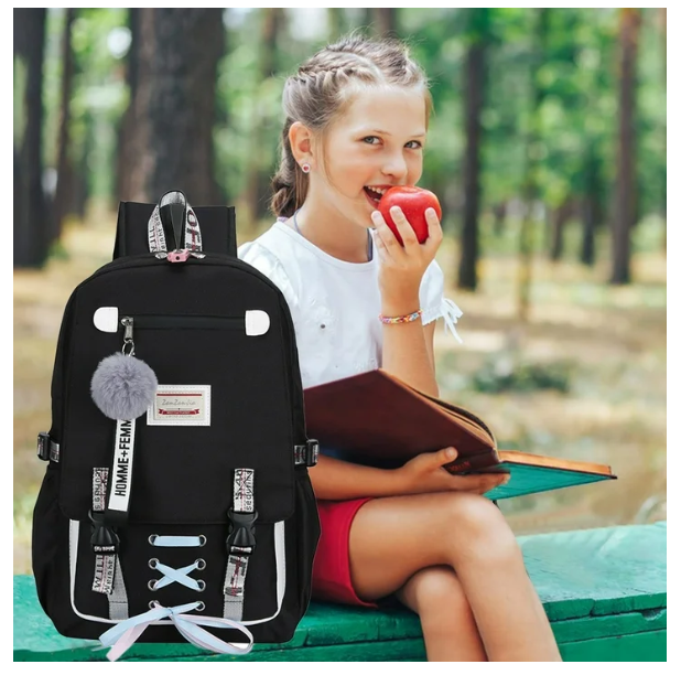 Шкільний рюкзак для дівчаток Harvard з USB портом/замочком і хутряним помпоном Чорний (1226011661) - фото 2 Шкільний рюкзак для дівчаток Harvard з USB портом/замочком і хутряним помпоном Чорний (1226011661) - фото 2