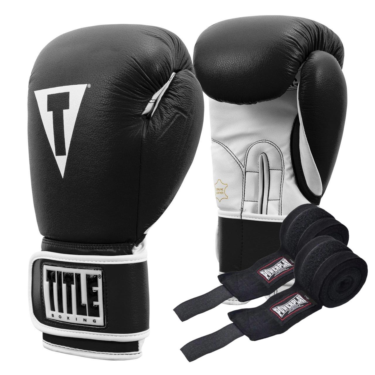 Боксерські рукавиці TITLE Boxing Pro Style Leather Gloves 3.0 14 oz з бинтами 4 м Black/White Боксерські рукавиці TITLE Boxing Pro Style Leather Gloves 3.0 14 oz з бинтами 4 м Black/White