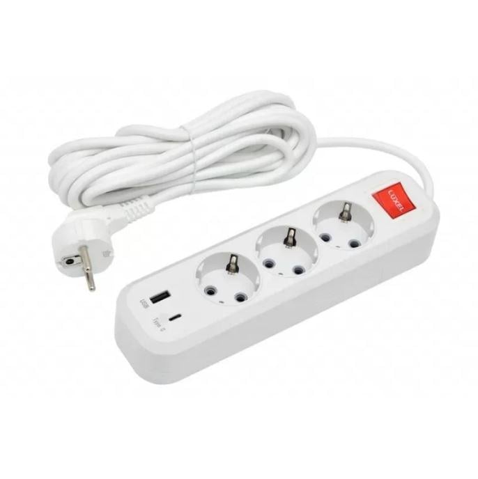 Удлинитель сетевой Luxel 3 розетки с заземлением и выключателем USB/Type C 5 м (7195) Удлинитель сетевой Luxel 3 розетки с заземлением и выключателем USB/Type C 5 м (7195)
