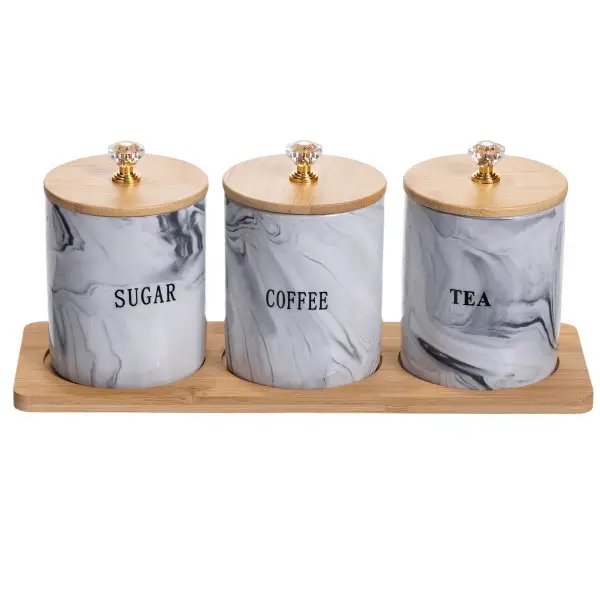 Набір банок для зберігання Yiwu на бамбуковій підставці порцелянові 3 шт. Мармур (147-107- SCT-662)