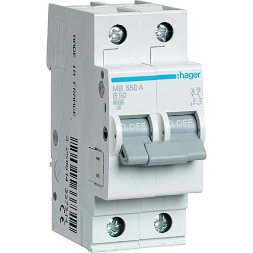Автоматический выключатель Hager MB550A 1P+N 6kA B 50A 2M (000012750)