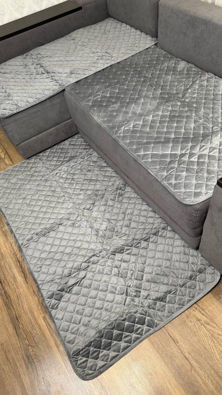 Комплект велюровий покривало на диван 90х210 см/накидки 2 шт. 90х160 см Сірий (П4К-am-divandek-0021) - фото 7