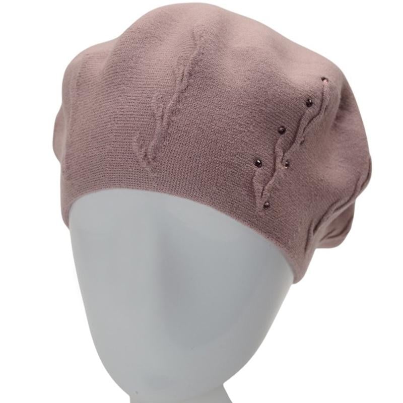 Берет женский Novita Ветка двойной с аккуратным узором сбоку и стразами one size Пудровый (281857)