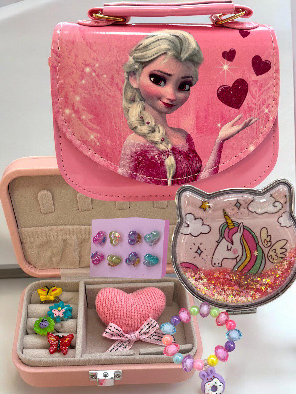 Набор подарочный детский ящик с детскими кольцами/браслетами/серьгами/сумочка/зеркало (002)