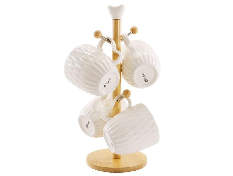 Набор кружек на деревянной подставке Grazie фарфоровый 4 шт. по 300 мл Белый (PJ03820)