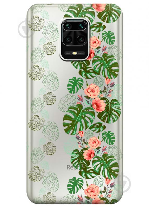 Прозрачный силиконовый чехол iSwag для Xiaomi Redmi Note 9S с рисунком - Тропические листья (M1691)