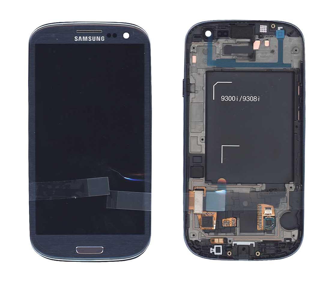 Матрица с тачскрином для телефона Samsung Galaxy S3 Duos GT-I9300I с рамкой Синий