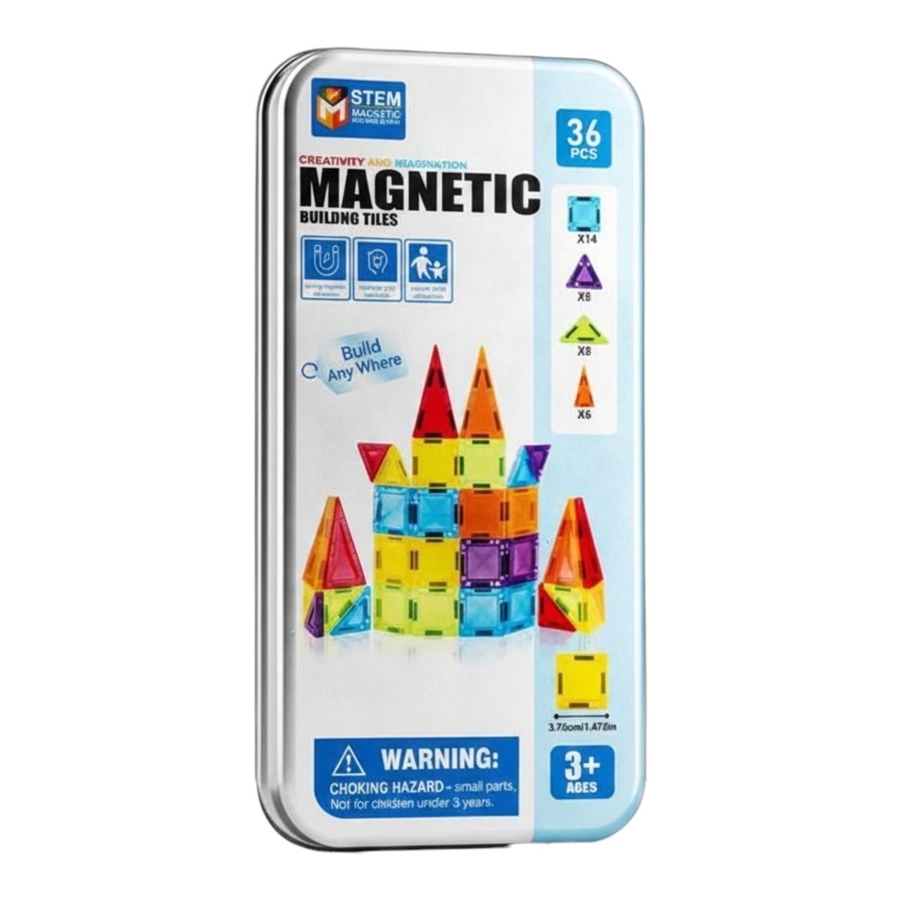Конструктор мини магнитный Mini Magnetic Tiles в металлическом боксе 36 дет. для детей (1128)