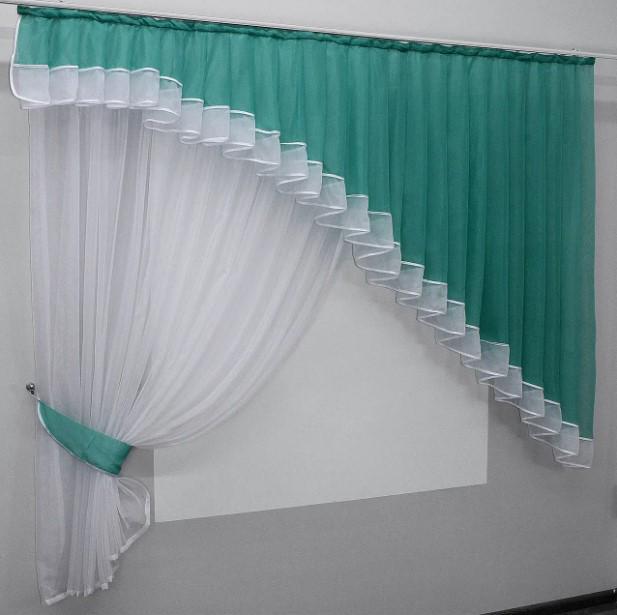 шторы на кухню тюль/ламбрекен шифон 200х170 см Бирюзовый/Белый (062к)