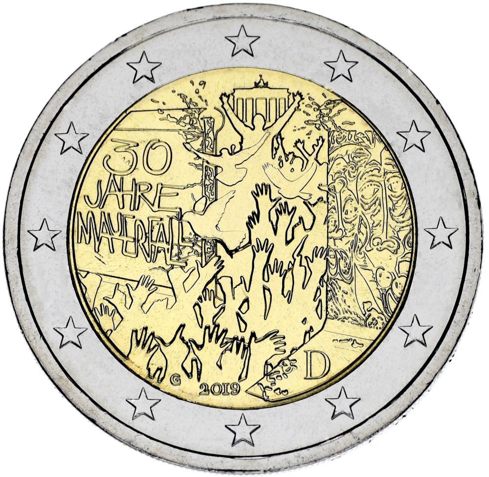 Коллекционная монета Германия 2 евро 2019 Биметалл G Берлинская стена UNC (М12444)