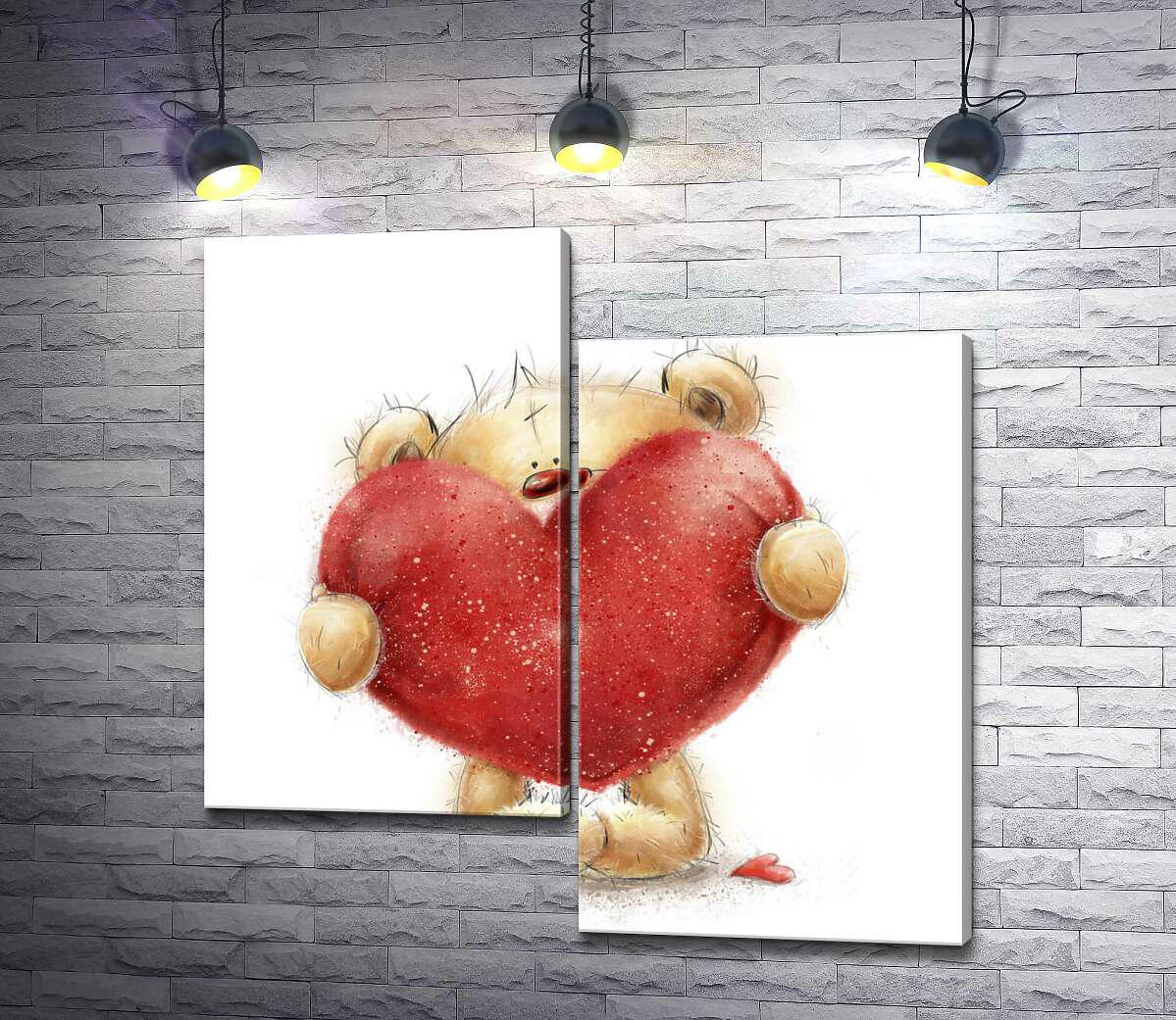 Модульная картина ArtPoster Красный нос мишки выглядывает из-за большого красного сердца 100x100 см Модуль №5 (003196)