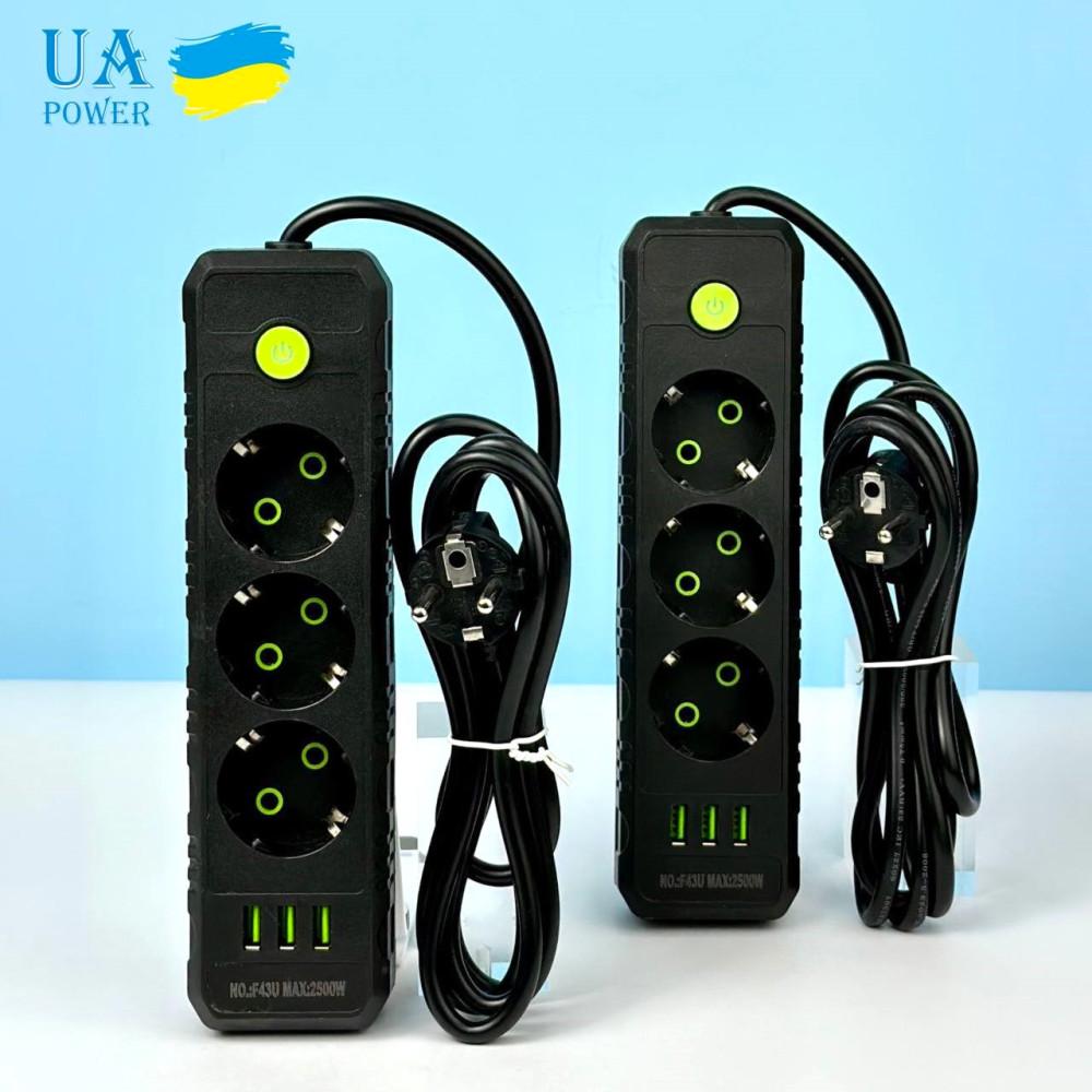 Удлинитель сетевой переноска 6м на 3 розетки з 3USB UA Power F43U Черный (F43U 3r-3usb-6m) - фото 4