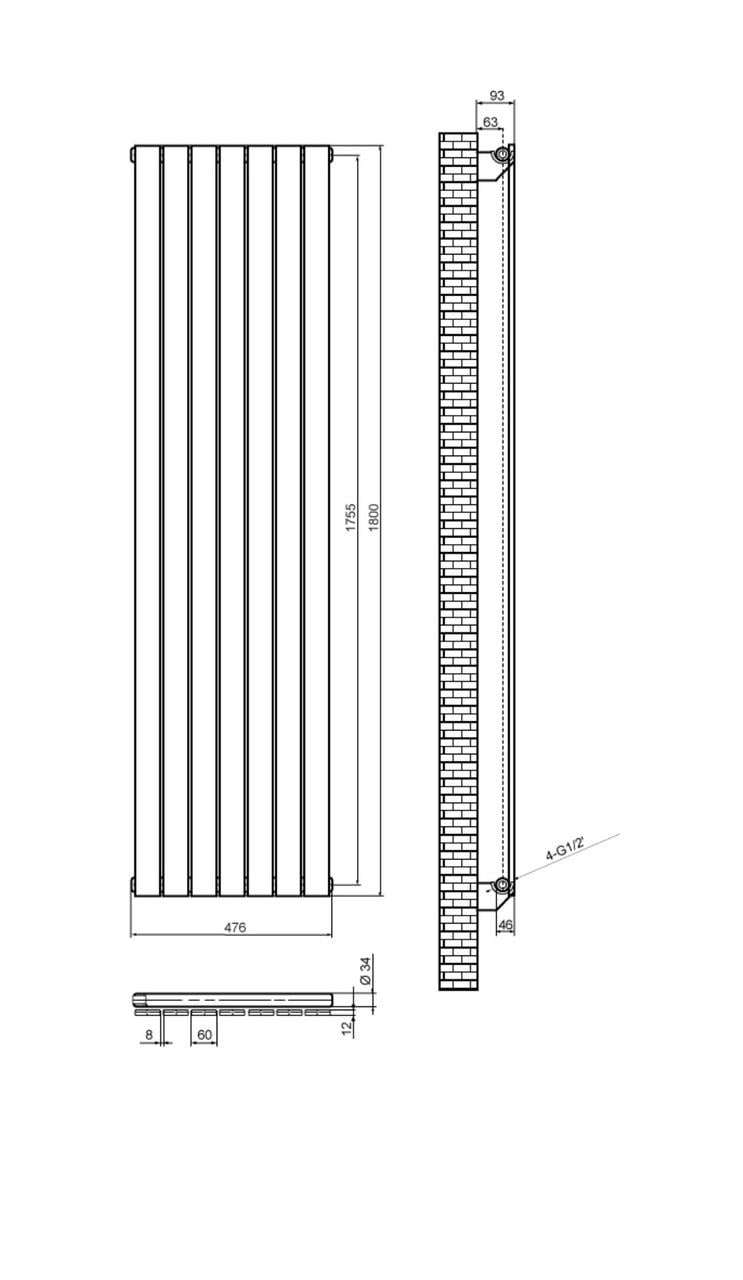 Радиатор дизайнерский вертикальный Arttidesign Livorno 7/1800/476/50 Черный матовый (AD-LV.7.180.47.5.B) - фото 3