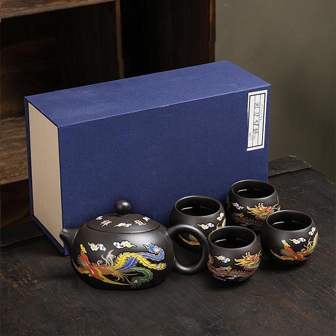 Набор чайный дорожный Lesko 20240527 Dragon/Phoenix заварник 220 мл/пиалы 4 шт. Темно-коричневый (24366552)