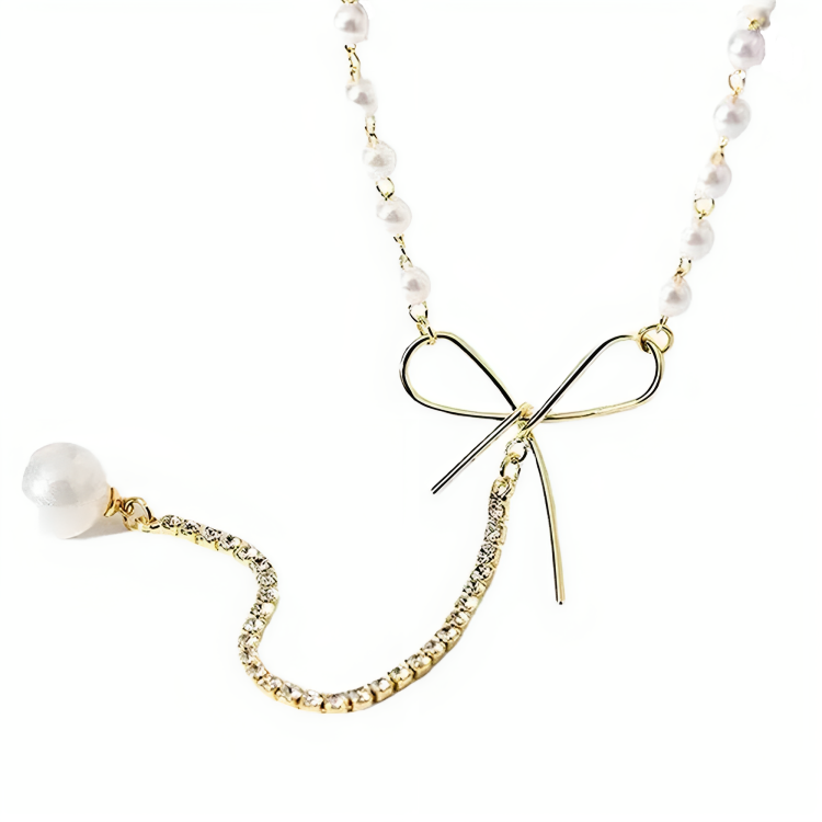 Колье-чокер жемчужная нить с бантиком Белый/Золотистый (13081904)