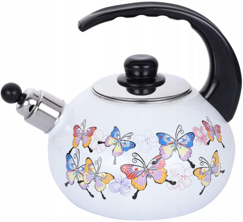 Чайник эмалированный Kamille Бабочки со свистком 2,5 л