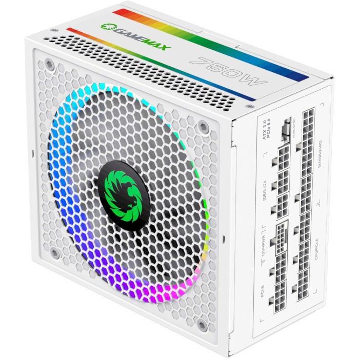 Блок питания 750 Вт, GameMax RGB 750 PRO, белый, модульный, 80+ золотистый, Active PFC, 14 см с ARGB подсветкой, 3xMolex / 8xSATA