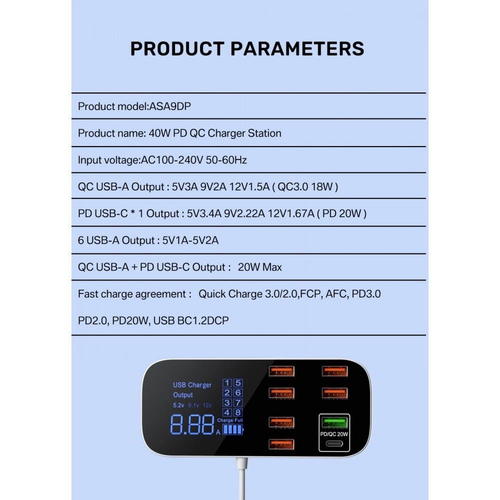 Зарядний пристрій мережевий Asometech 40W PD3.0 QC 3.0 8 USB (25397265) - фото 10 Зарядний пристрій мережевий Asometech 40W PD3.0 QC 3.0 8 USB (25397265) - фото 10