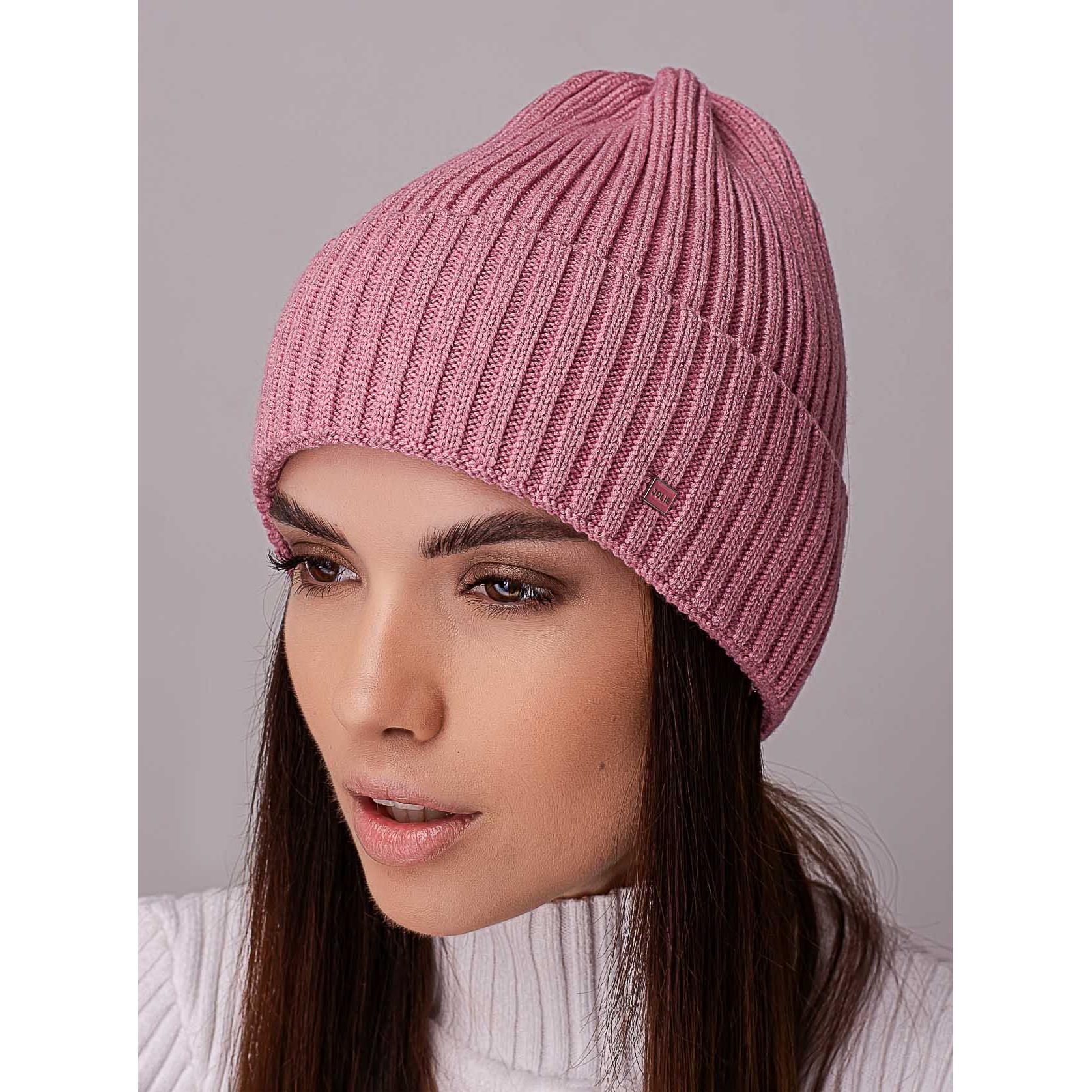 Шапка жіноча ковпак з відворотом без підкладки в широкий рубчик Leks Ковель Рожевий світанок - фото 1