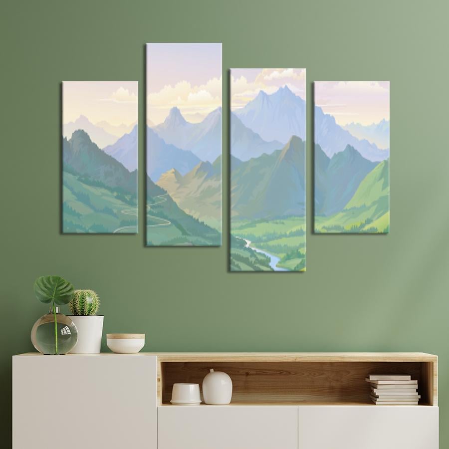 Модульная картина из четырех частей на холсте интерьерная картина Река у подножья гор 89x56 см (626-42)