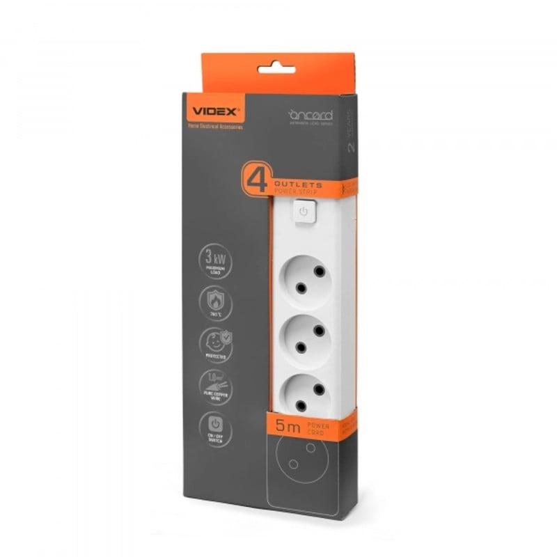 Подовжувач мережевий Videx ONCORD б/з 4п 5 м з кнопкою White (28796)