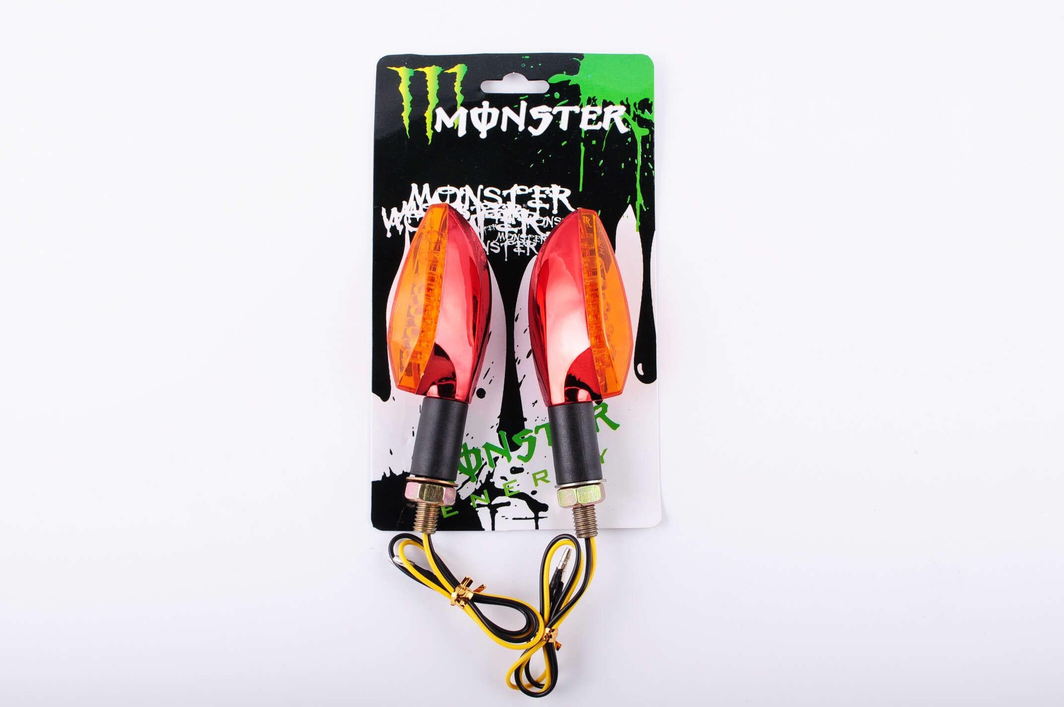 Повороты светодиодные пара стреловидные красные желтое стекло 11 диодов MONSTER ENERGY (O-931)