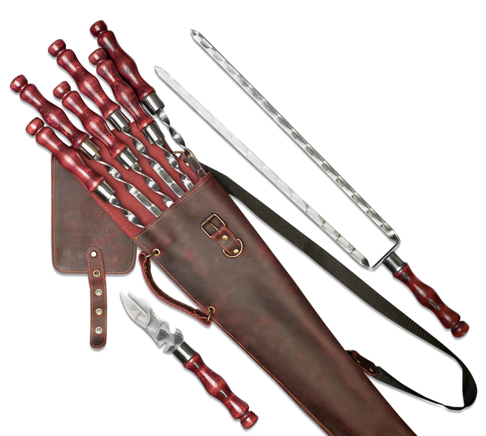 Подарочный набор шампуров в кожаном кейсе премиум-набор для шашлыка и барбекю Асгард 8 предметов Бордовый