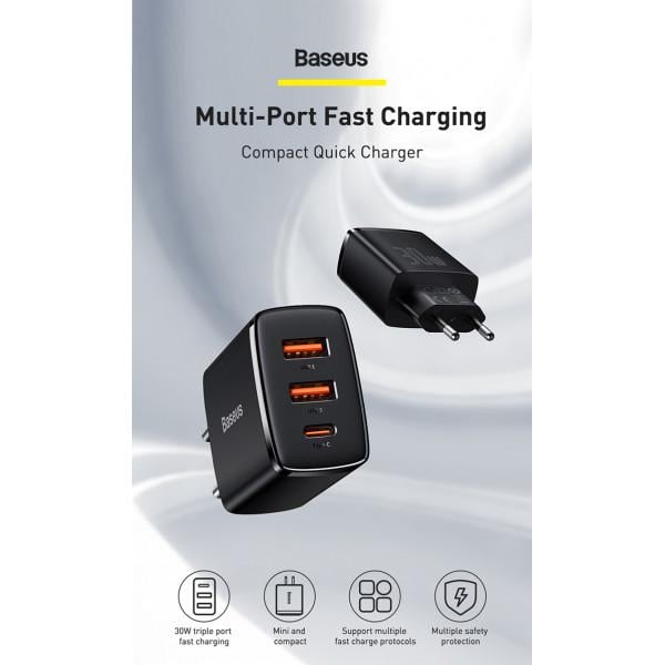 Зарядное устройство Baseus Compact QC3.0/PD3.0 30 W 3 A Black (CCXJ-E01) - фото 25