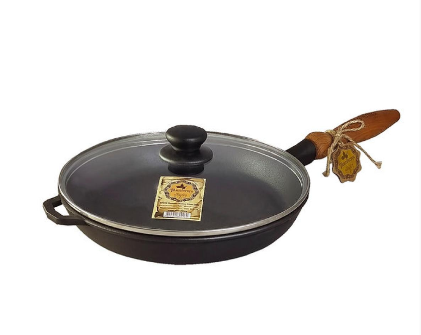 Сковорода Maysternya чавунна 26х4 см з дерев'яною ручкою зі скляною кришкою (Т303С3) Сковорода Maysternya чавунна 26х4 см з дерев'яною ручкою зі скляною кришкою (Т303С3)