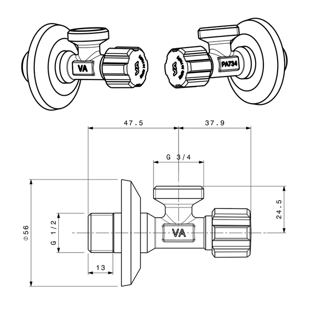 Кран вентильный для стиральной/посудомоечной машины Ø 1/2"х3/4" VA Albertoni srl (D914689) - фото 2