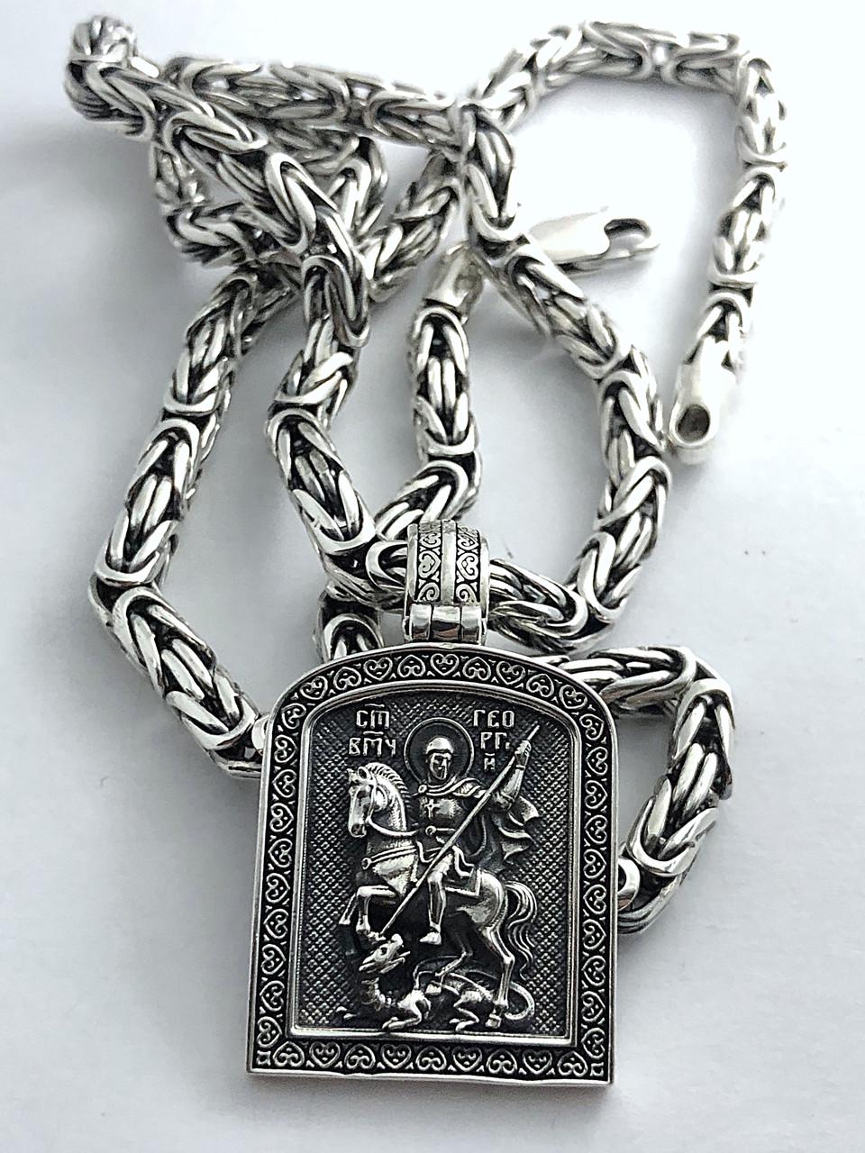 Комплект мужской серебряный Лисий хвост Византия ладанки с образом Георгия Победоносца 60 см