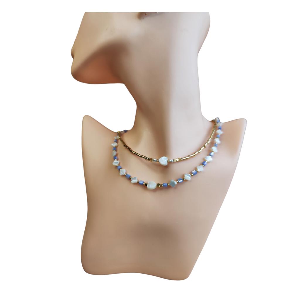 Набор украшений 2 чокера и серьги с натуральным жемчугом и перламутром голубого цвета (CH32)