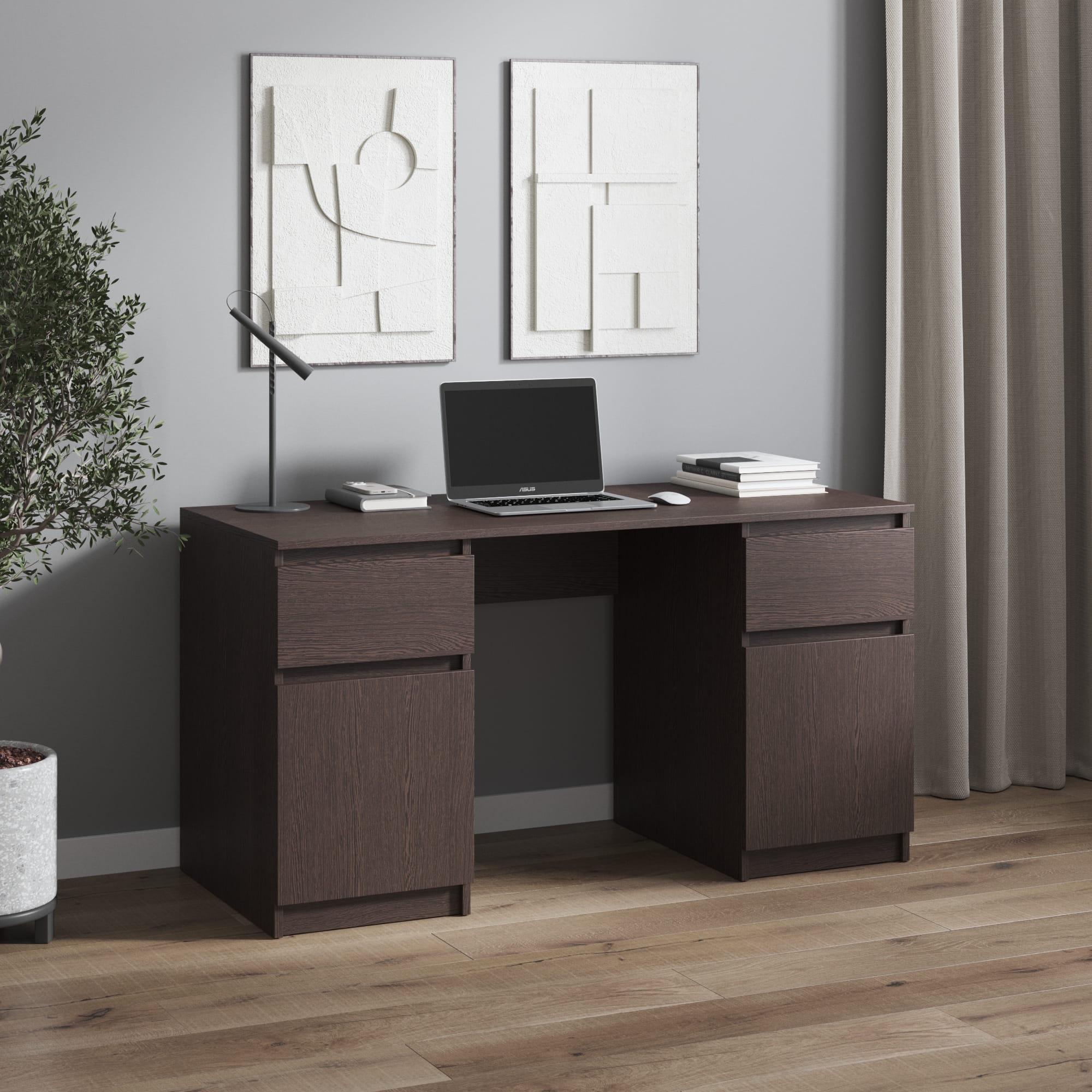 Письмовий стіл із двома тумбами ЛДСП з фасадами без ручок Венге темний/Білий
