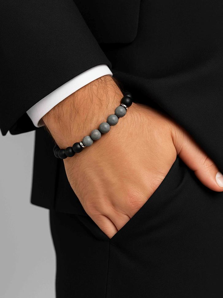 Браслет мужской из натурального камня шунгит и яшма (3461)