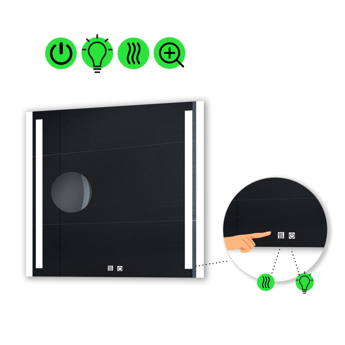 Зеркало с LED подсветкой Mirta с двумя/сенсорами/подогревом и линзой без подсветки 100x100 см (Mirtak38)