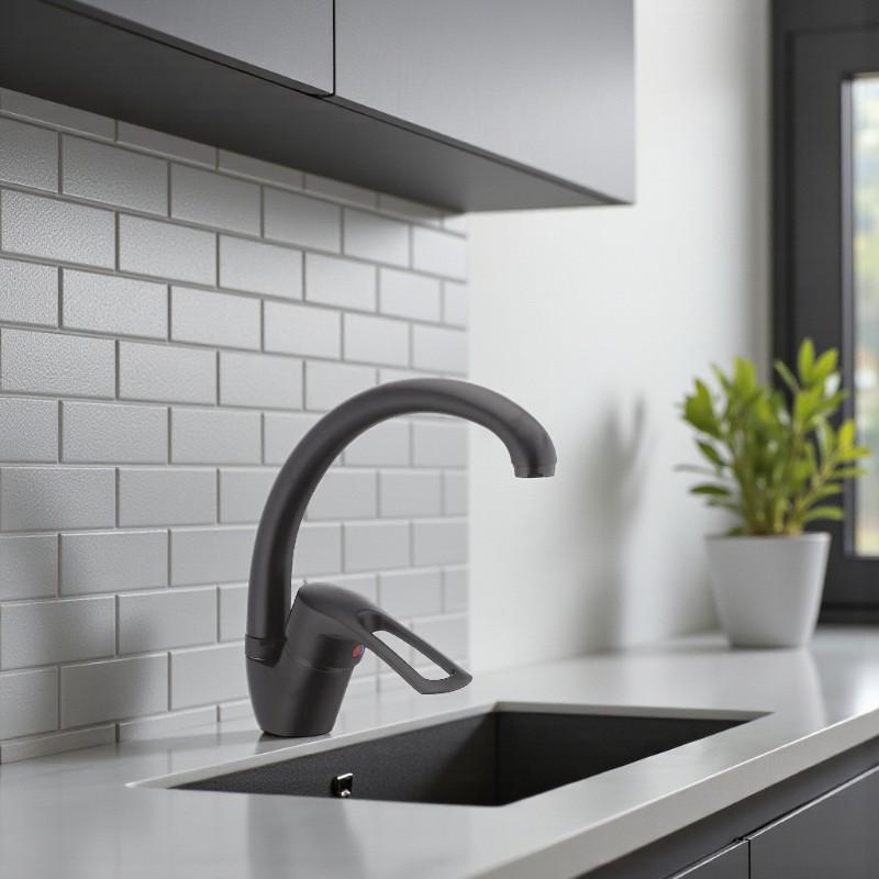 Смеситель для кухни Cron HANSBERG-777 смеситель с высоким изливом однорычажный цинковый сплав Черный (b-CR0789) - фото 5