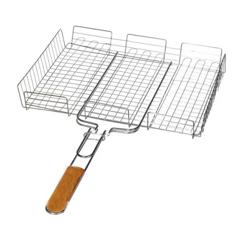 Решетка для гриля из нержавеющей стали с деревянной ручкой 43x33x7,5 см (7026)