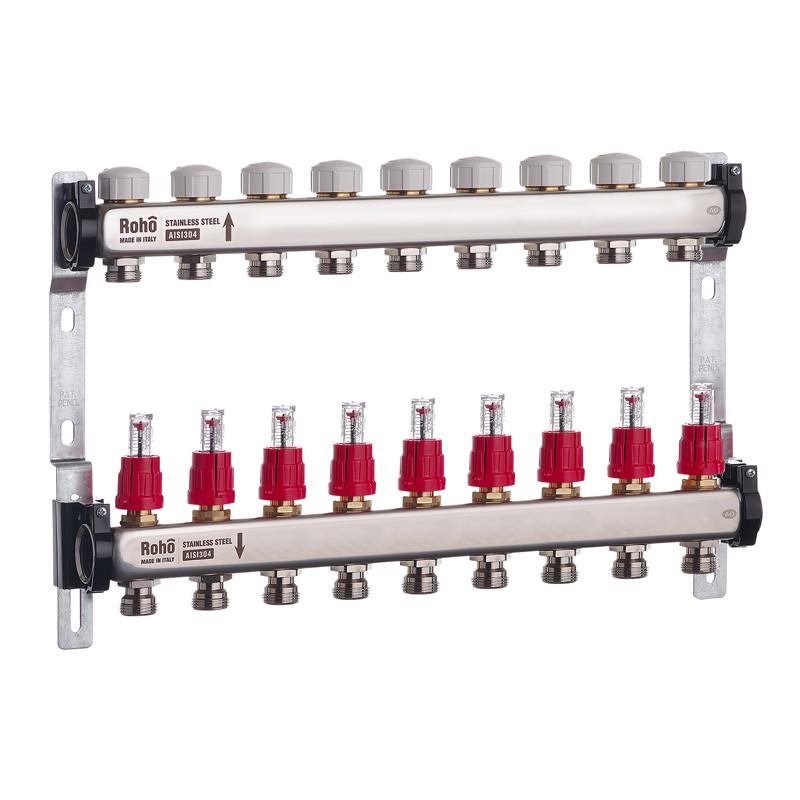 Коллектор с расходомером и термостатическими клапанами Roho R804-09 1"х 9 выходами (RO0041)