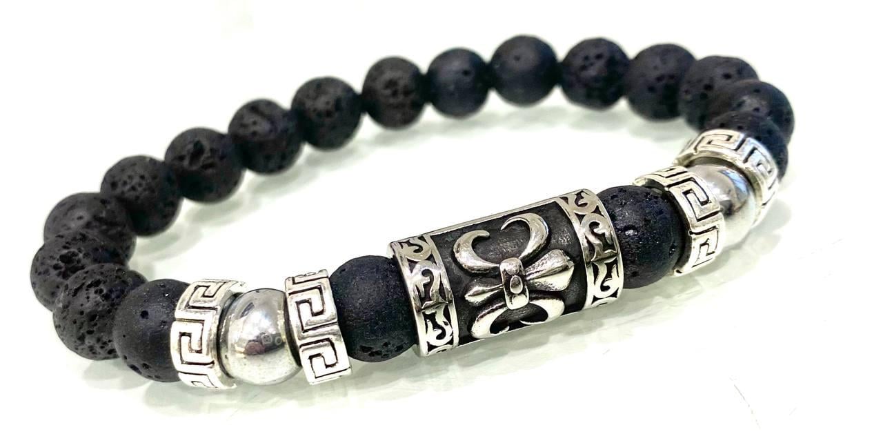 Браслет LITAURS из натурального камня лавовый камень/гематит/стальные вставки L 18-21 см (241204-1)