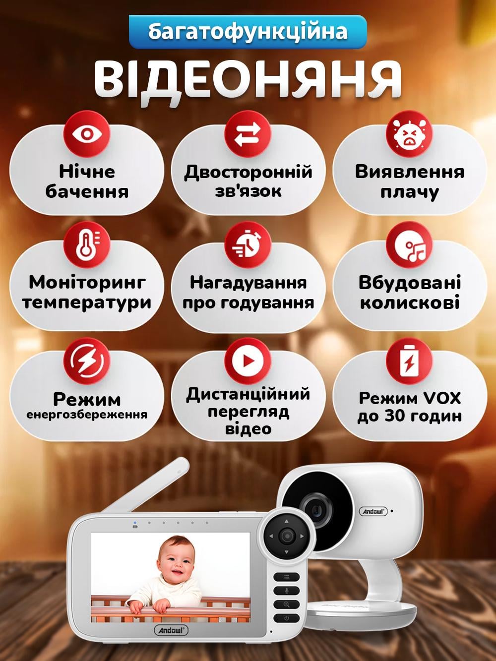 Відеоняня бездротова радіоняня з двостороннім зв'язком Andowl Q-A003X1 5,5" Білий (bffd93f9) - фото 3