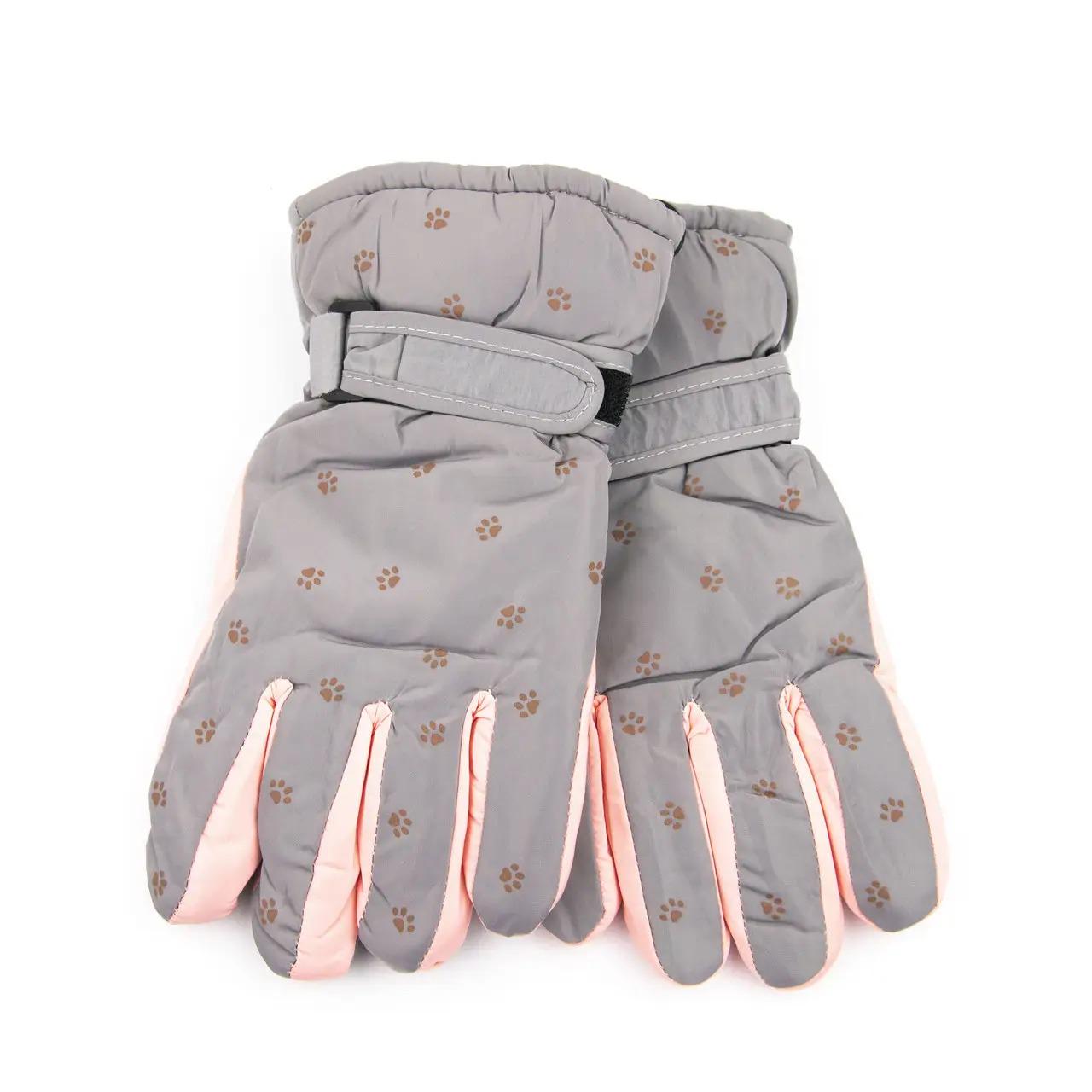 Подростковые перчатки болоневые лыжные с мехом на липучке с лапками Серый (23-6-3)