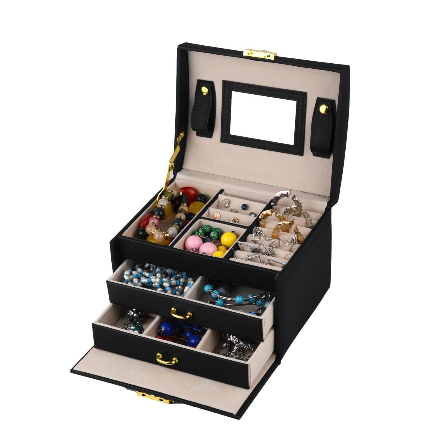 Шкатулка для украшений с зеркалом и ящичками 18х14х12,5 экокожа 12х12х5 см Черный (ШДД-13-7)